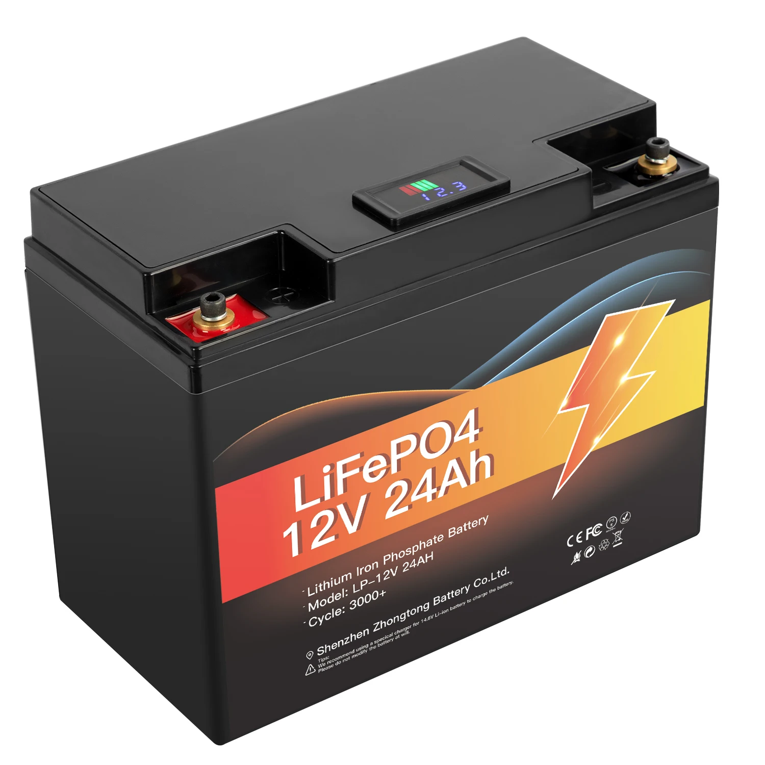High Capacity Lifepo4 12v 24ah Rechargeable Solar Lithium Ion Phosphate Pack with LED display