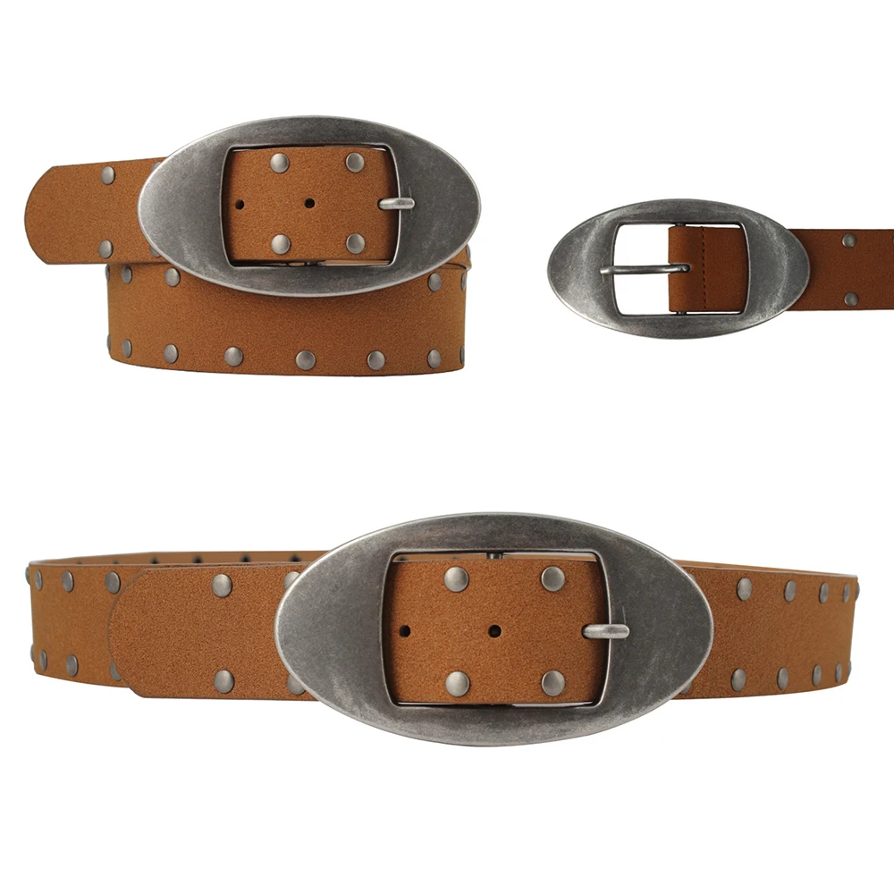 Brown rivet STRAP WITH retro oval buckle and round Fashion pu leather belt