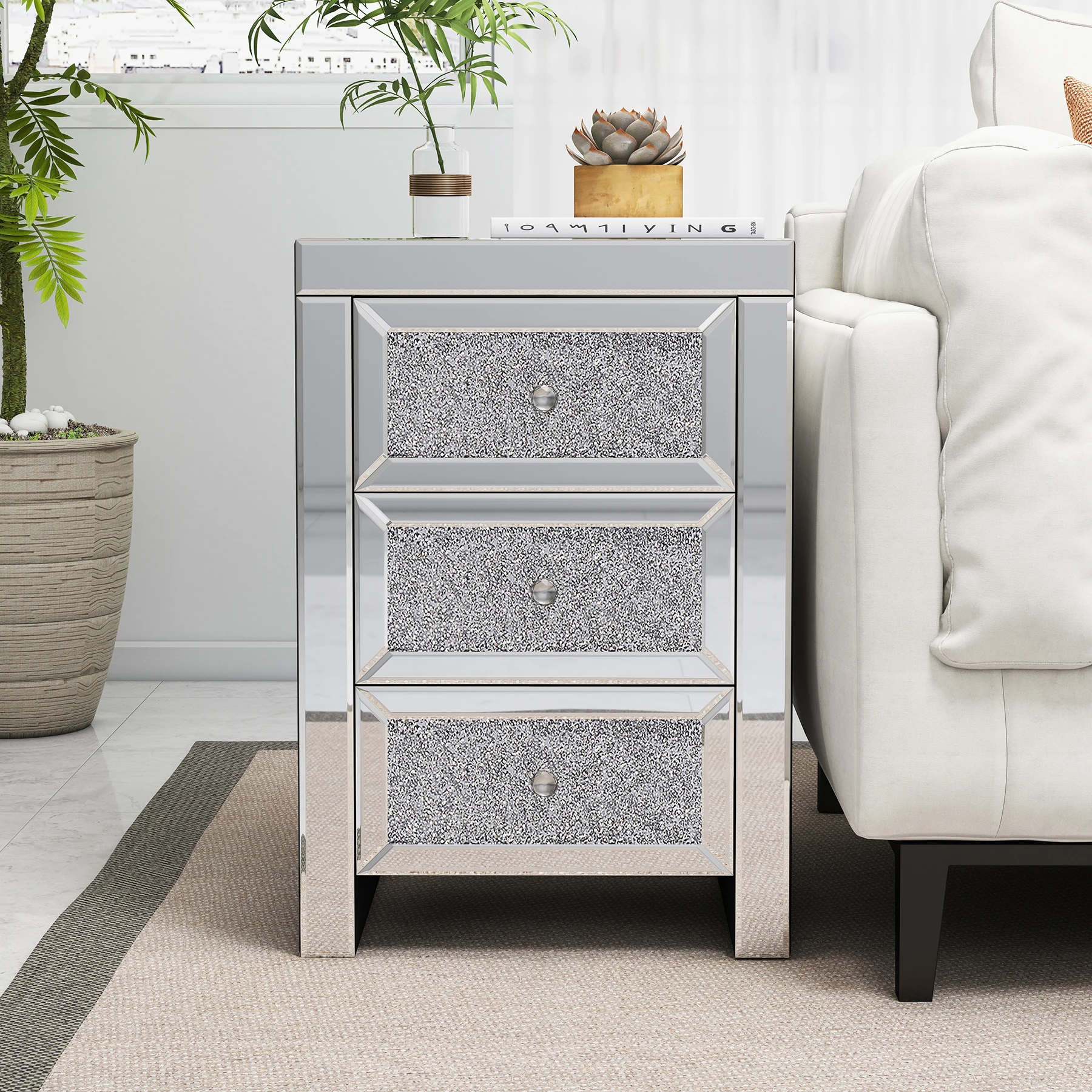 bedroom modern bedside mirrored nightstand silver MDF frame storage cabinet with 3 crystal diamond drawers