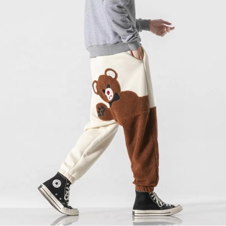 2023  New Arrivals Street Fashion Hip Hop Male Bear Embroidered Patchwork Cargo Custom Track Pant Embroidery Mens Pants