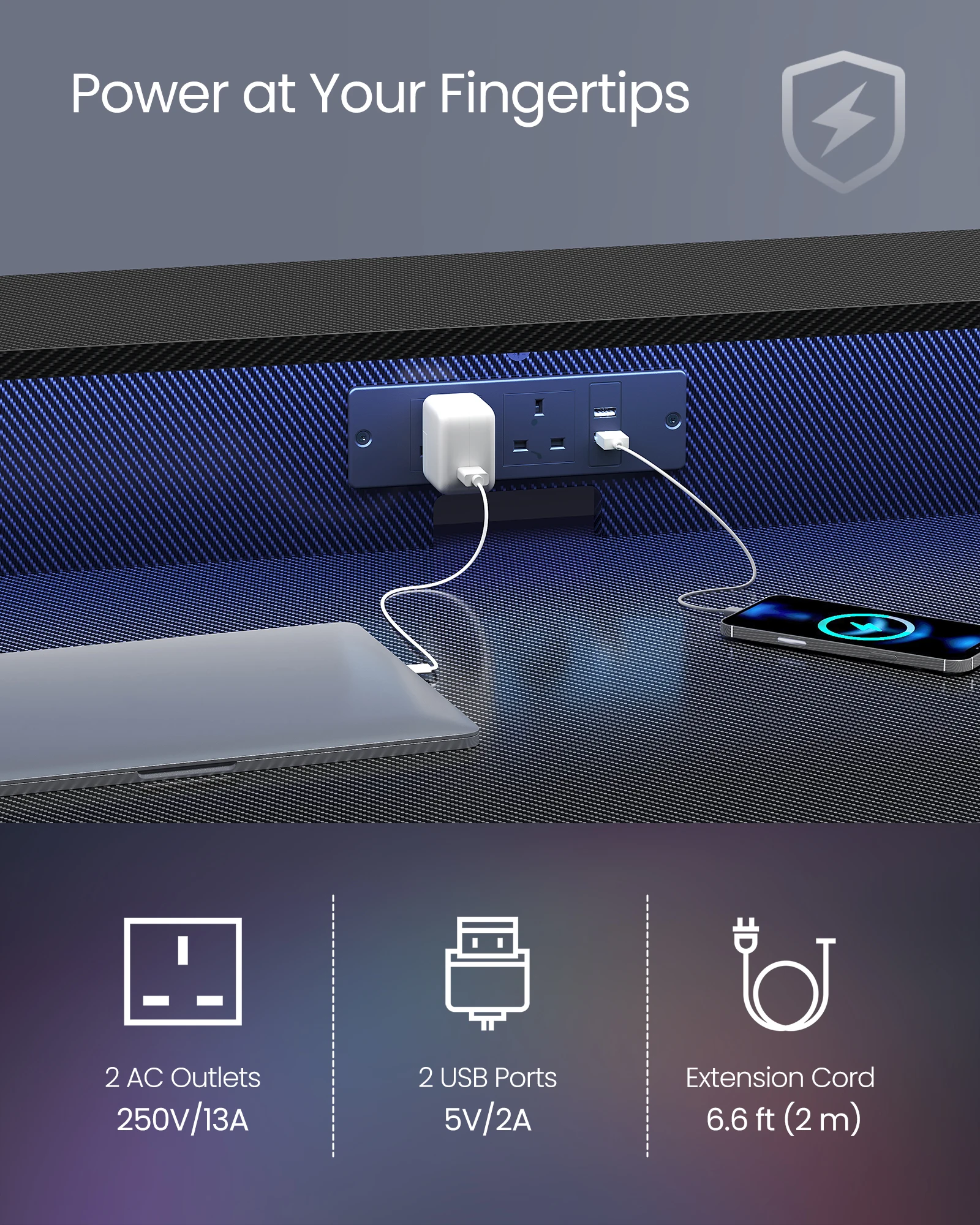 VASAGLE Carbon Fiber Surface Black Gaming Desk with LED Lights Ergonomic Computer Desk with Monitor Shelf