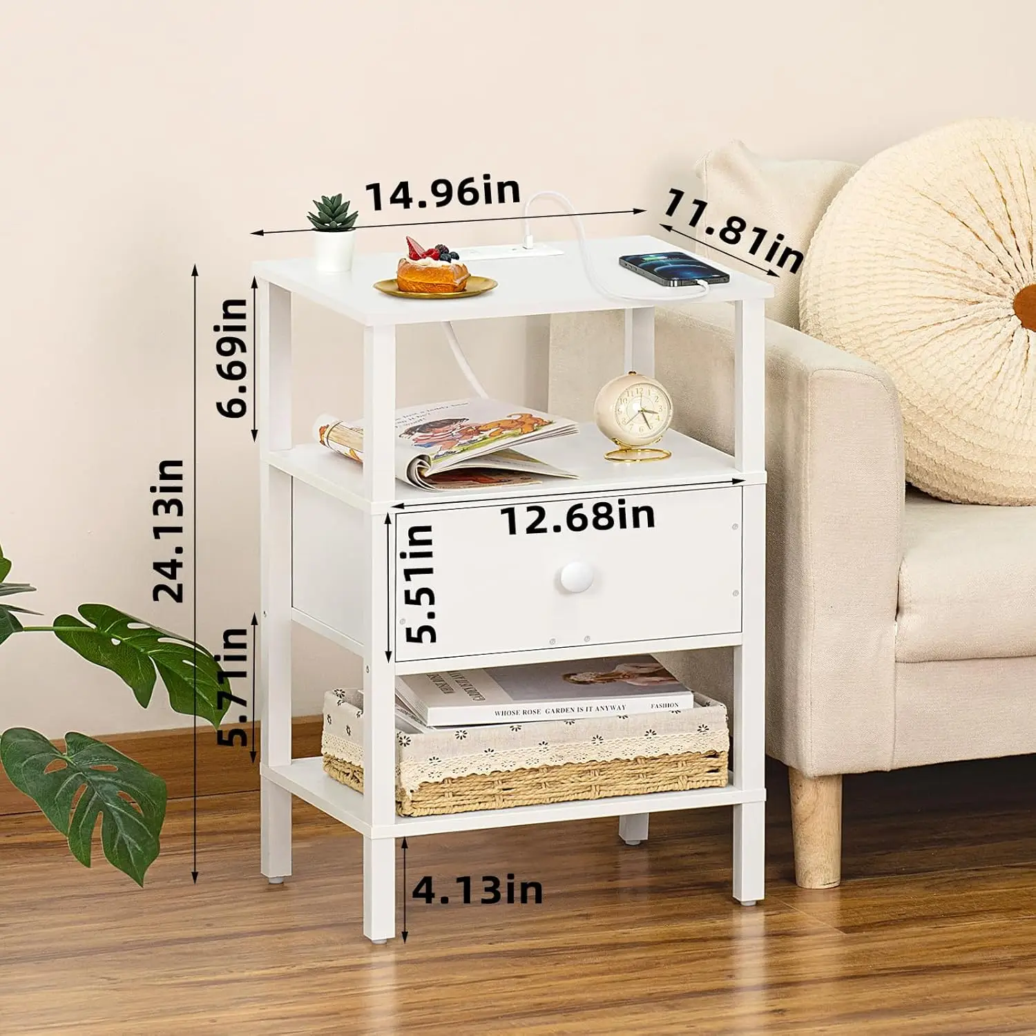 Living Room Bedroom White 3 Tier Storage End Table Drawer Shelf Night Stand Small Spaces Wood Bedside Table Nightstand