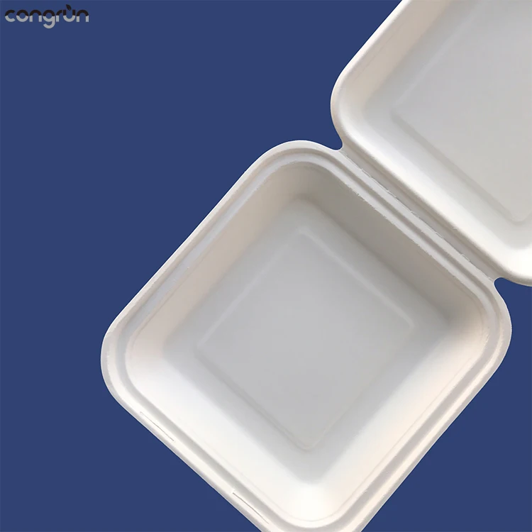 9 inch clamshell food take-out box sugarcane bagasse disposable biodegradable fast food packaging take away  box for kids snack