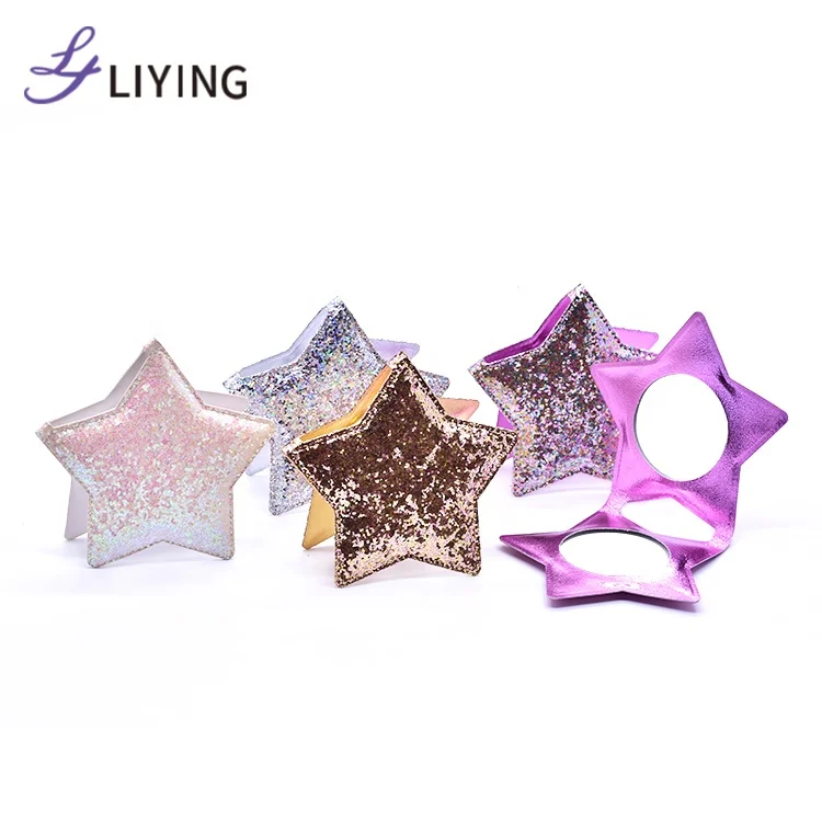 Small MOQ custom logo hollywood glitter star shape folding pocket mirror compact leather