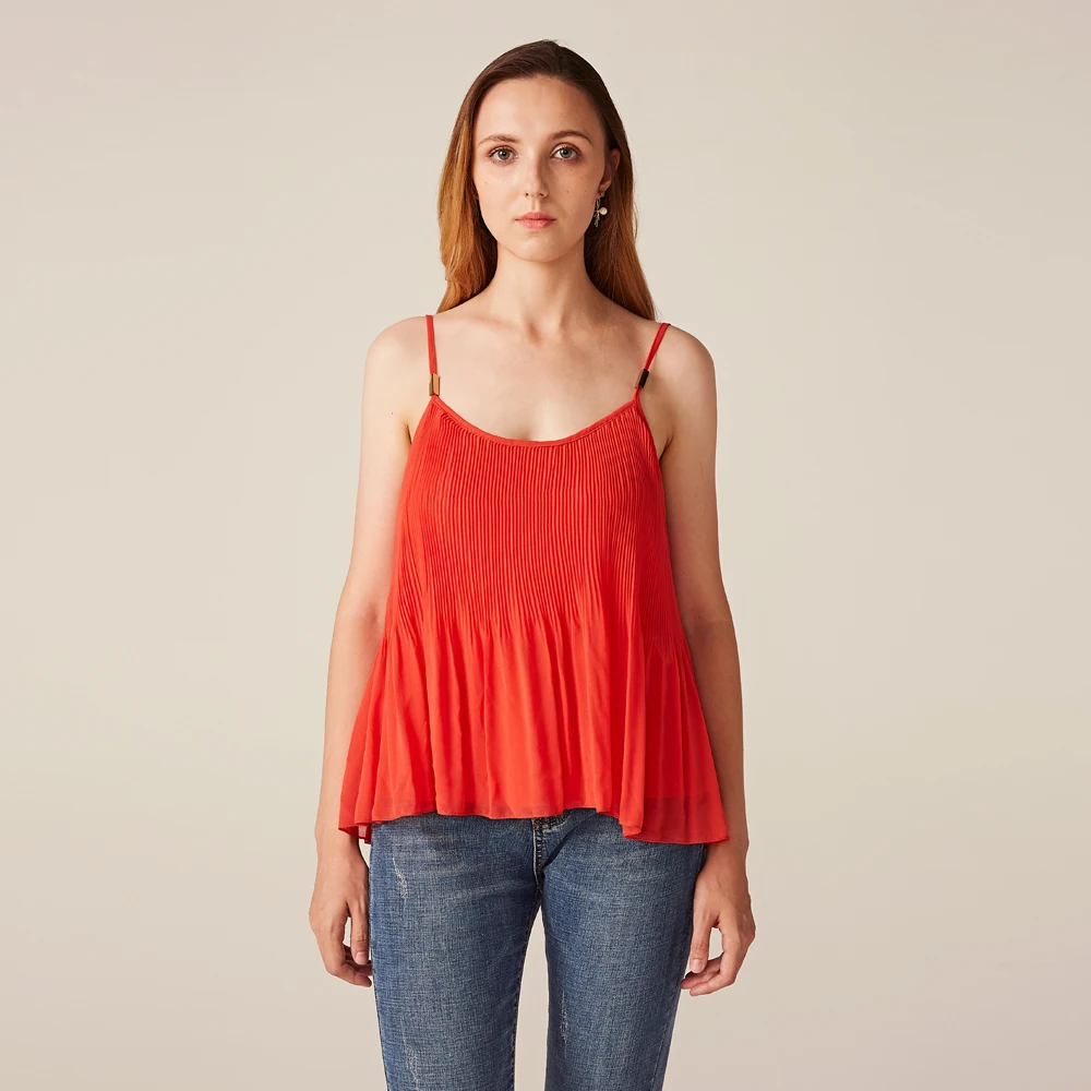 SKW17-3 Anti static women camisole tank tops 100%polyester pleated camisole women