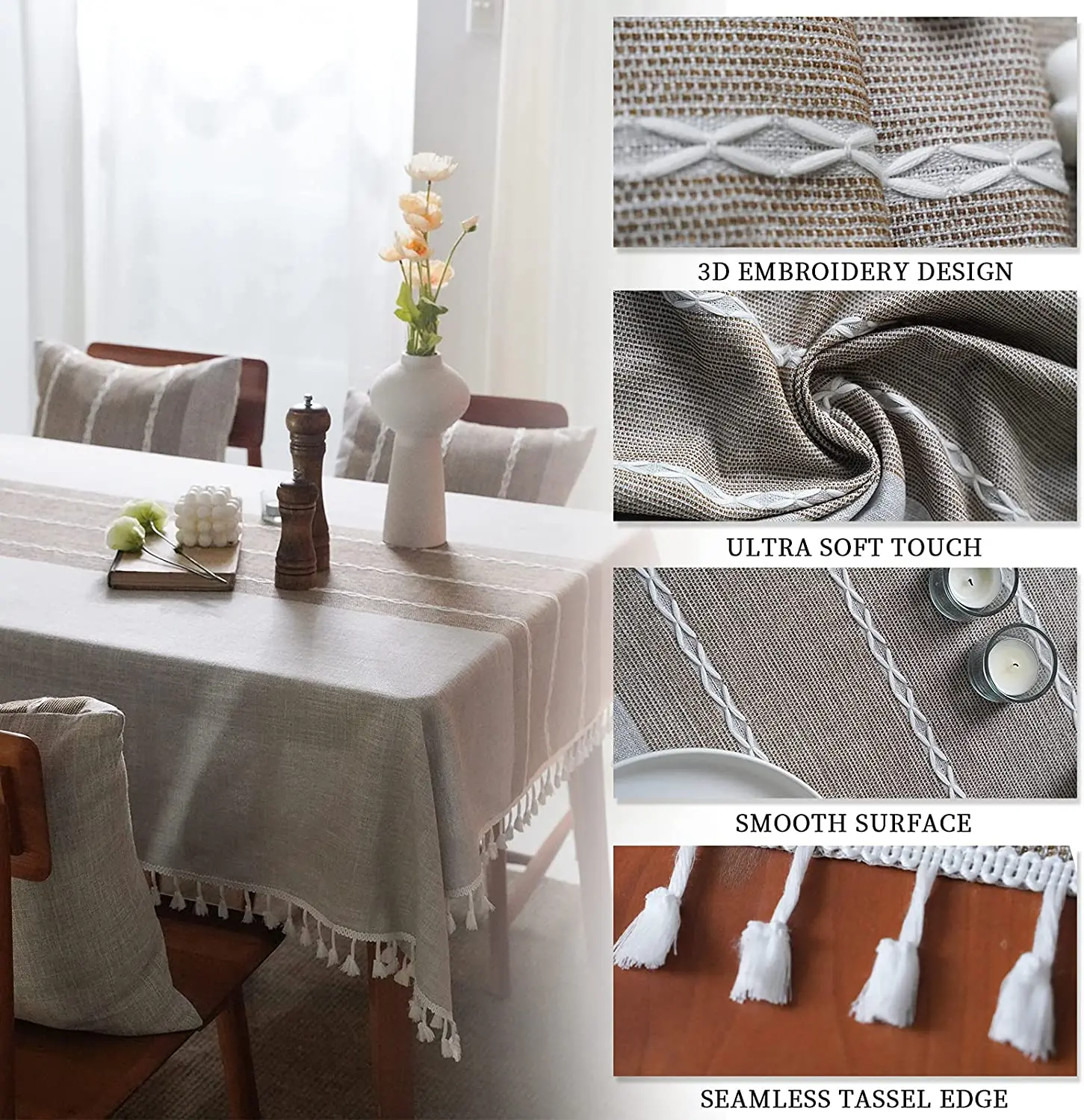 Square Wrinkle Free Anti-Fading Table Cover Washable Cotton Linen Tassel Tablecloth Embroidery Table Cloth