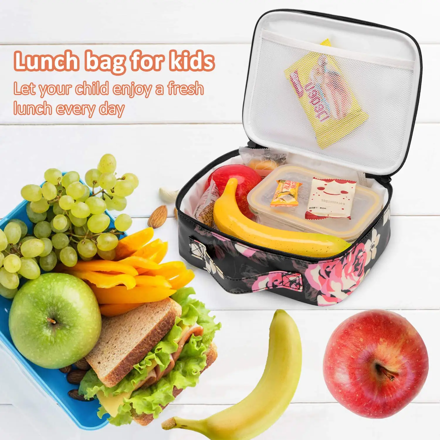 Lokass Insulted Thermal Tote Lunch Bag Flower Pattern Wide-open Kids Lunch Box Bag For School Travel Outdoor Cooler Bag