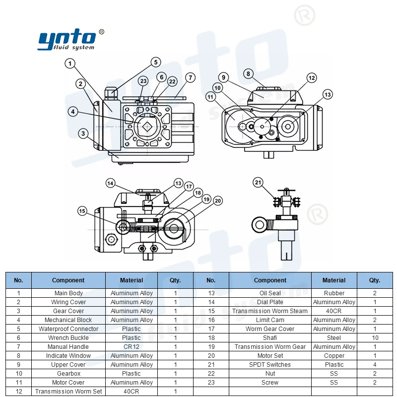 YNTO custom size electric actuator AC230V AC110V AC24V DC24V DC12V integrate electric actuator for butterfly ball valve