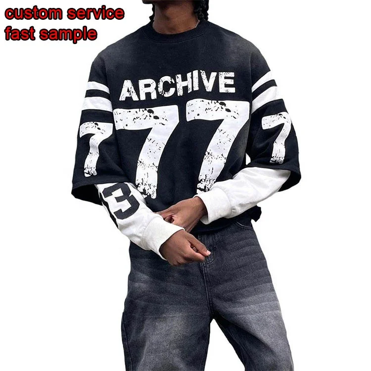 Wholesale Vintage Acid Washed Man Tshirt Letter Printing Oversized T Shirt Terry Custom Double Layer Long Sleeve T-Shirt For Men