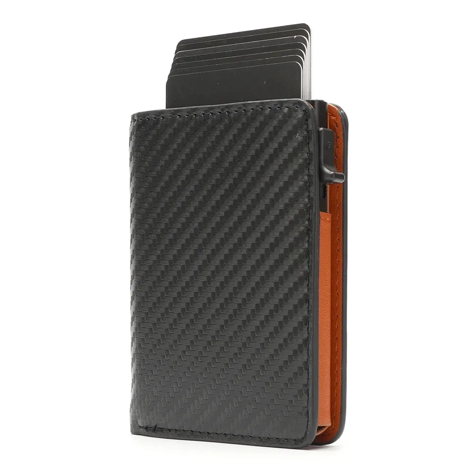 men newest Italian leather patent RFID easy operation aluminum card holder wallet