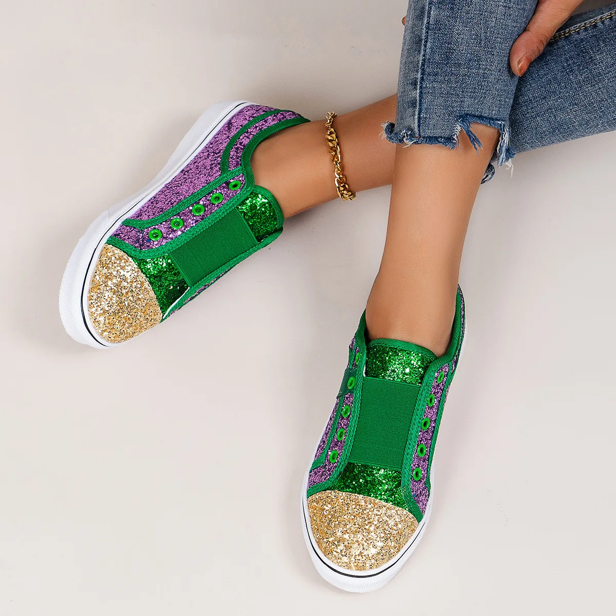 Mardi Gras Women Sparkling Glitter Green Gold Purple Ladies Low Top Slip On Sequin Sneakers Flats Female Casual Sport Shoes