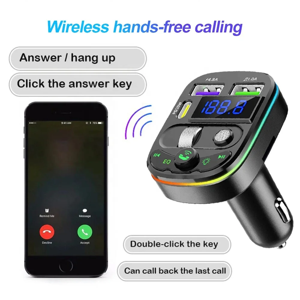 PD20W Bluetooth FM Transmitter Handsfree Car Radio Modulator MP3 Player Dual USB 4.8A Fast Charge Adapter for Car Support TF car
