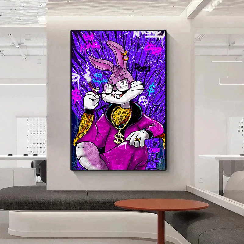 Cool Bucktooth Rabbit Cartoon Graffiti pop Wall Art Pictures and posters Print on Canvas Oil Painting For home kids room decor