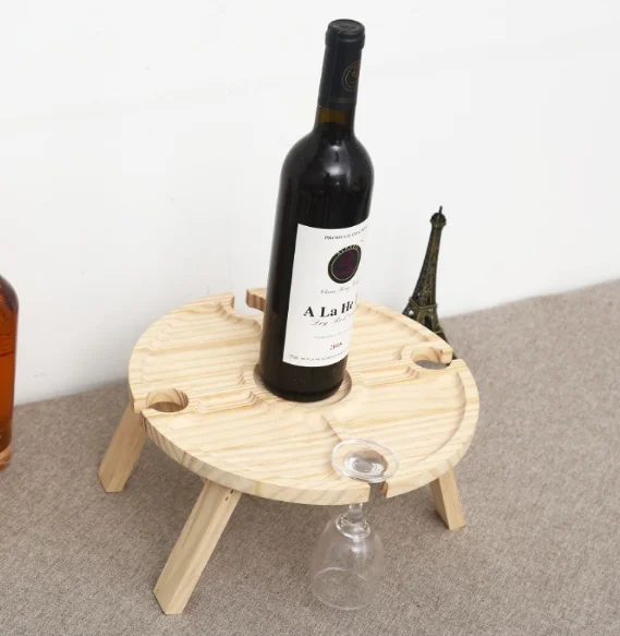 Hot sell Portable Wine Picnic Table with Bottle and Glass Holder Foldable Bamboo Table Wood Serving Tray