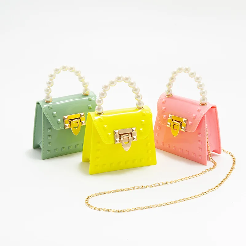Wholesale Price women handbags Pvc Jelly Tote Bag Candy Handbag Pearl Handle Handbag kid jelly
