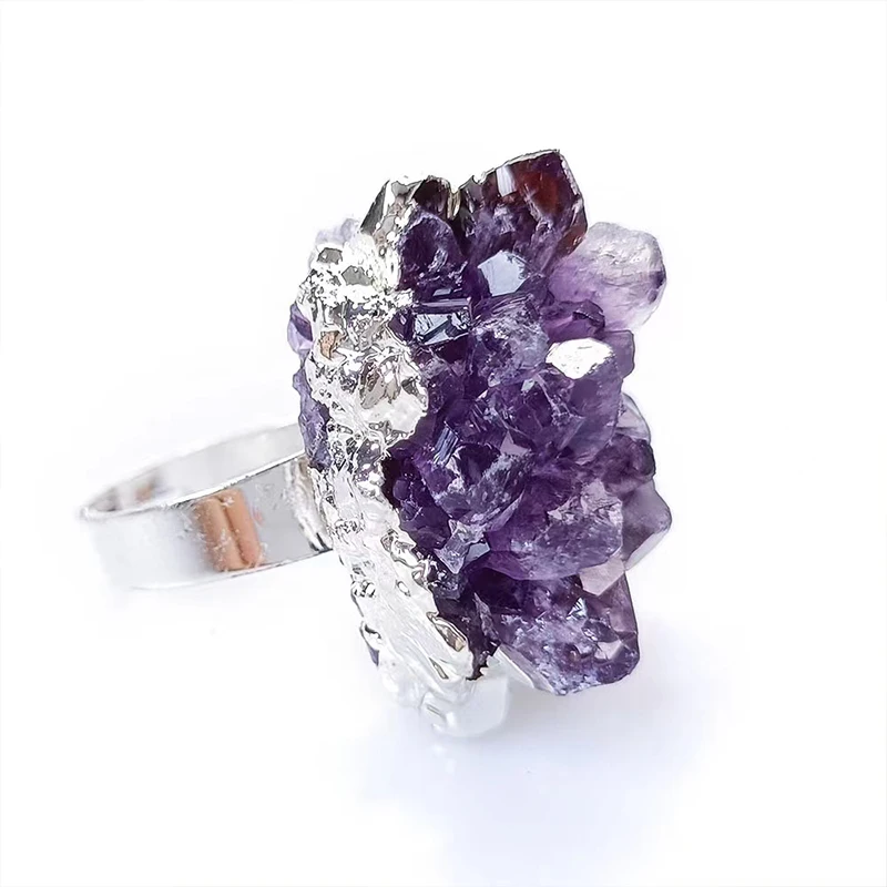 Natural Gemstone Druzy Quartz Purple Crystal Golden Silver Bezel-set Amethyst Cluster Ring For Women