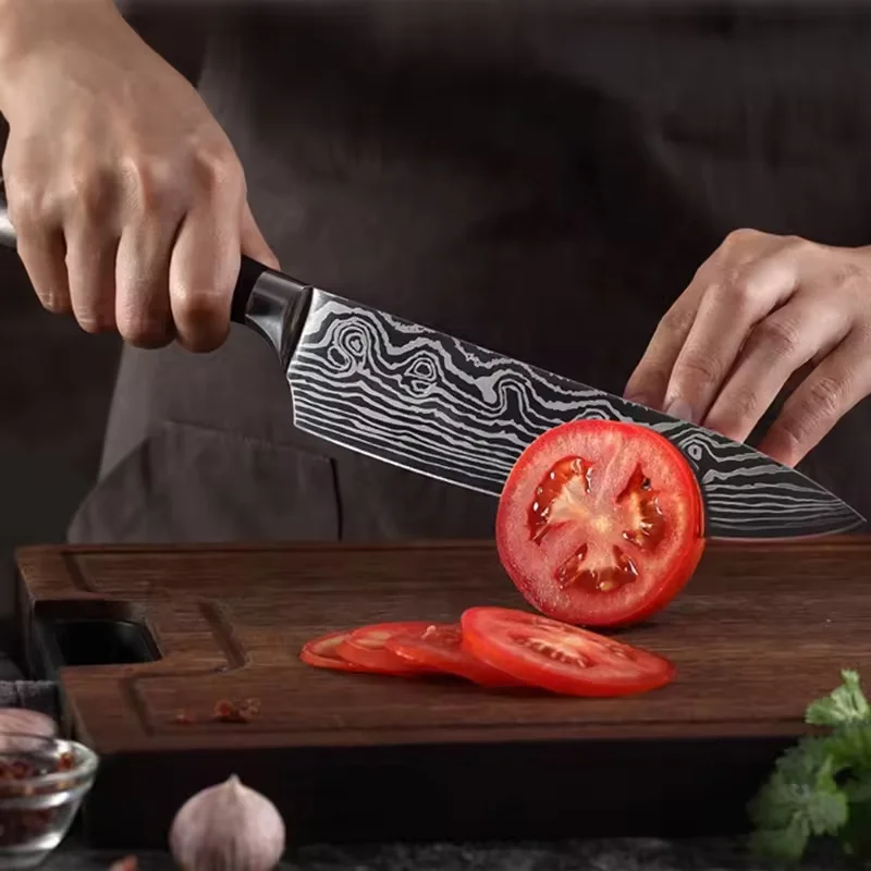 8pcs Kitchen Chef Knives Set 8 inch Japanese 4CR13 High Carbon Stainless Steel Damascus Laser Pattern Slicing Santoku Tool