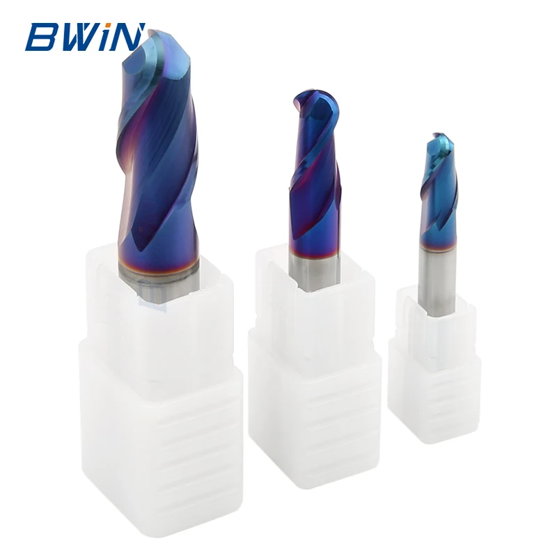 BWIN high quality naco coating 2 flute solid tungsten carbide ball nose endmill milling cutter hrc65