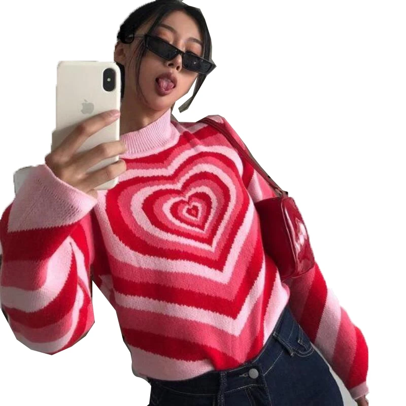 Custom winter autumn Heart Strips knit sweater women comfortable pullovers long sleeve Turtle Neck knitted sweaters