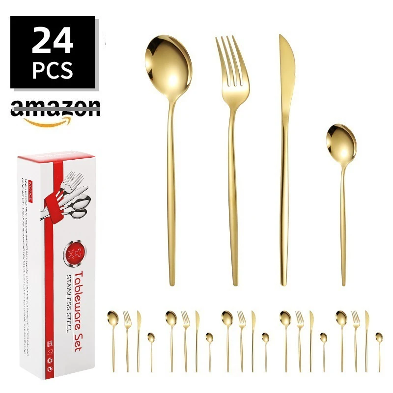 Tk Az Hot Selling Stainless Steel Tableware 24-piece Set Portuguese Gold Knife Fork and Spoon 6 People Western Food