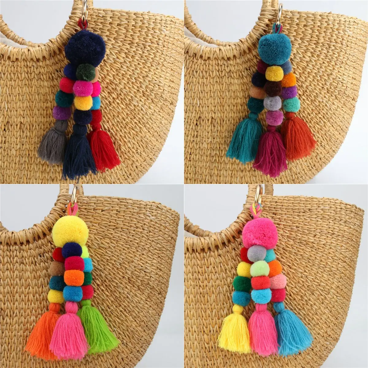 Bohemian Colorful Handmade Hairball Pompones Keyring For Women Girls Bag Boho Accessories Purse Charm Keychains Jewelry