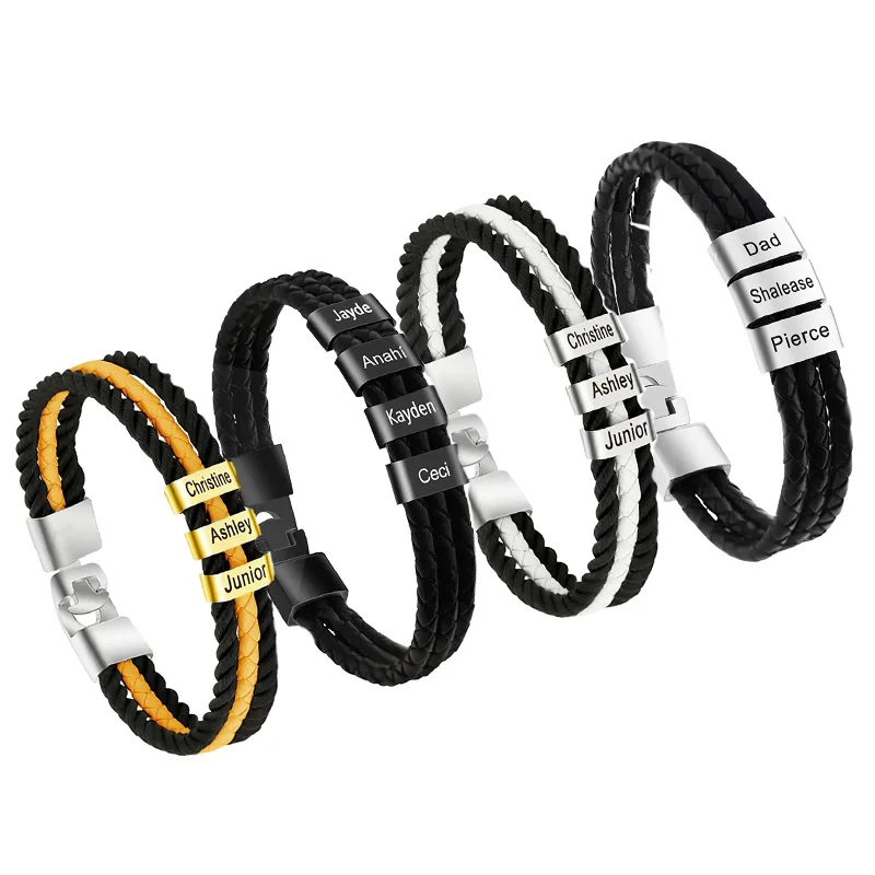 Custom Engraved Name Letter Bracelet Personalized DIY Beads Charm Stainless Steel Braid Leather Rope Bracelet For Men Women