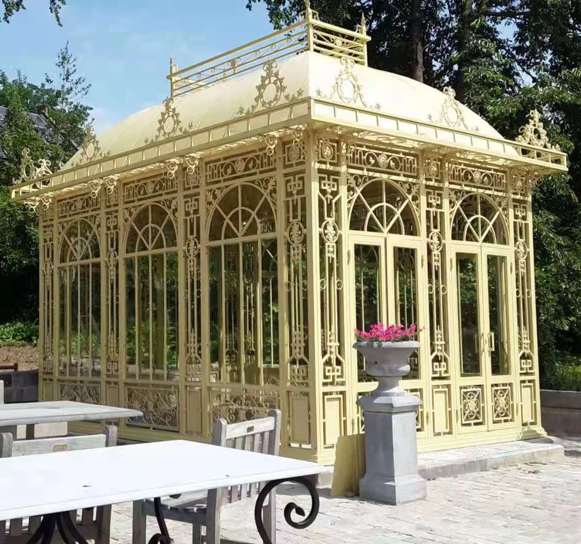 Luxury Outdoor Garden Large Size Wrought Iron Gazebo With Glass For Wedding Venues