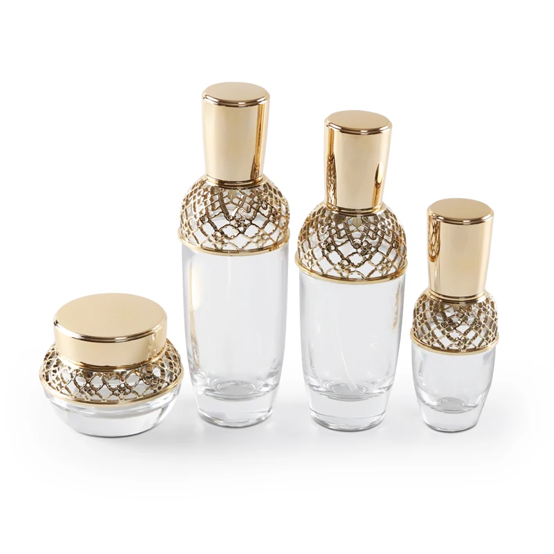 Idealpak Makeup Container Packaging Set Cosmetic Bottles Luxury Glass Cosmetic Bottle with Gold Screw Cap