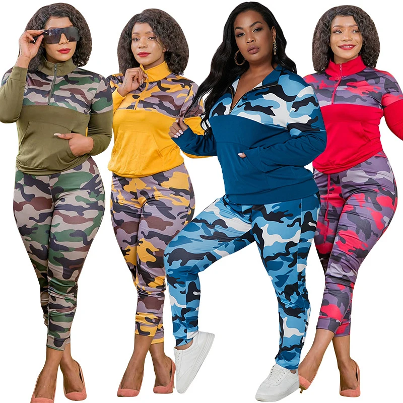 
autumn winter women casual clothing fashion plus size women clothing Camouflage printed knitted two piece suit 