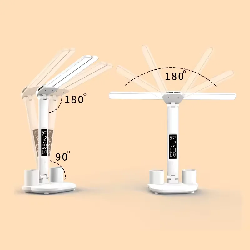 Foldable Led Double-headed Table Lamp Touch With Calendar Clock Usb Desk Lamp For Bedroom Bedside Reading Light