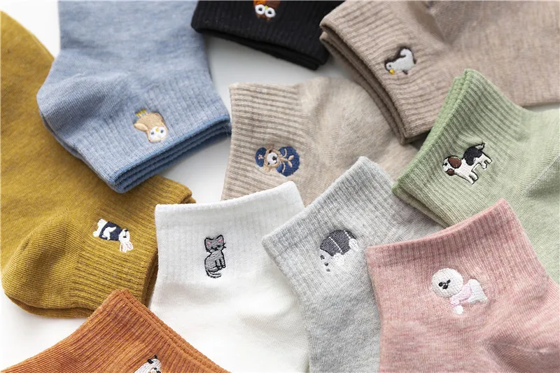 Ins Style 10 Animals Embroidery Ankle Socks Women Cute Cartoon Cotton Fashion Sox Japanese Animal Cute Students Boat Socks