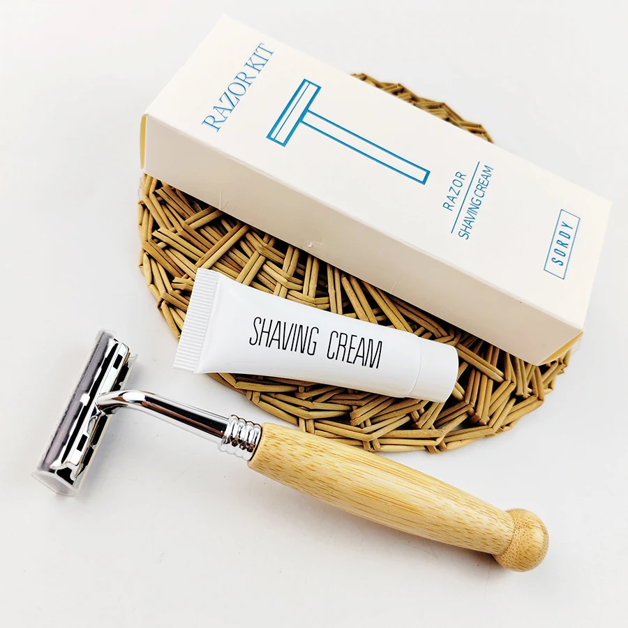 Disposable Bamboo Handle Safety Biodegradable Shaving Razors with 10g shaving cream in white kraft paper box