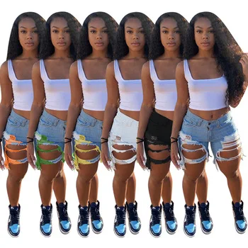 2022 summer skinny Short pants high waist ripped cut up colorful jean biker distressed shorts women