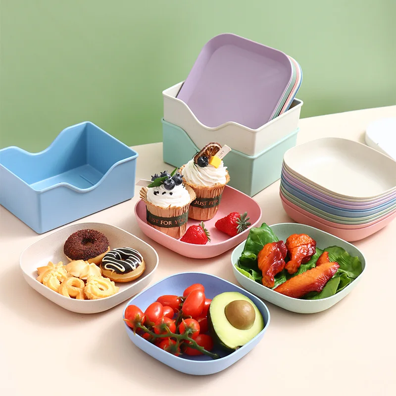 Custom Kitchen Desk Storage Organizers Tray Storage Box Wheat Straw Tableware Fruit Bowl Dishes Snacks Plates For Household