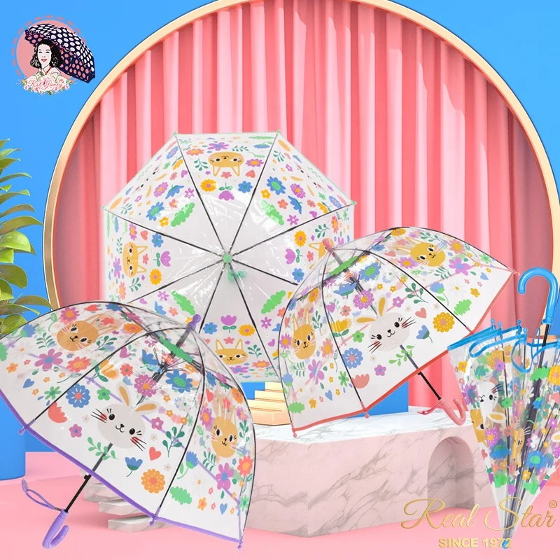 RST Lovely cat and rabbit floral child baby dome clear kids Umbrella