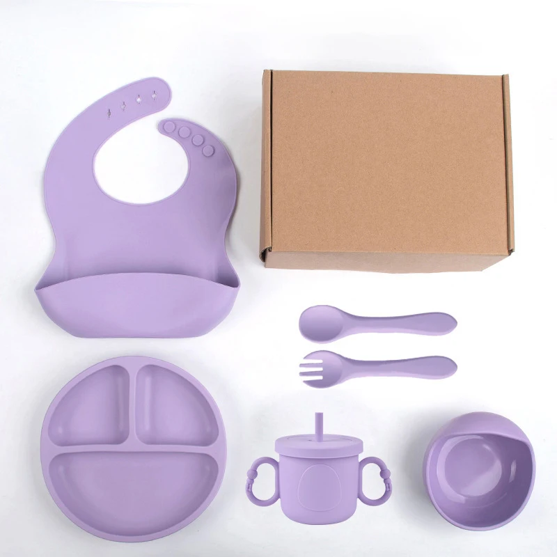 Wholesale six pieces silicone suction bowl bib plate spoon fork sets silicone baby feeding set