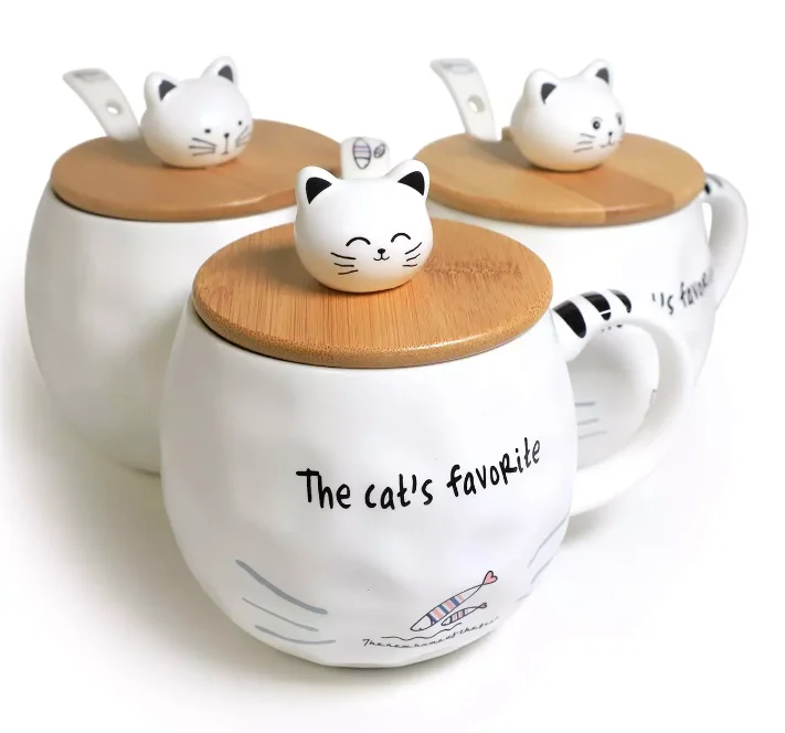 Hot sale cute  cartoon cat 3D ceramic mug creative milk coffee tea mug unique ceramic mug with lid and spoon