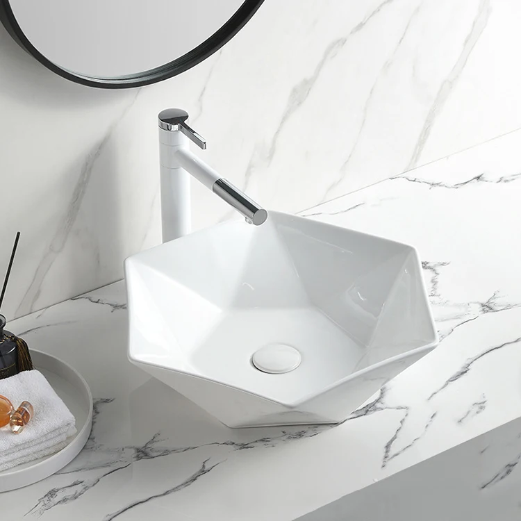 Custom New Style Unique Irregular Hexagon Shape Ceramic Above Counter Hand Wash Basin Bathroom Furniture Sink
