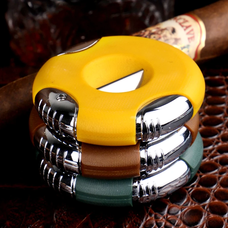 Stainless Steel Guillotine Double Cut Round Head Scissors Yellow Sharp Blades Pocket Size Classic Comfortable Cigar Cutter