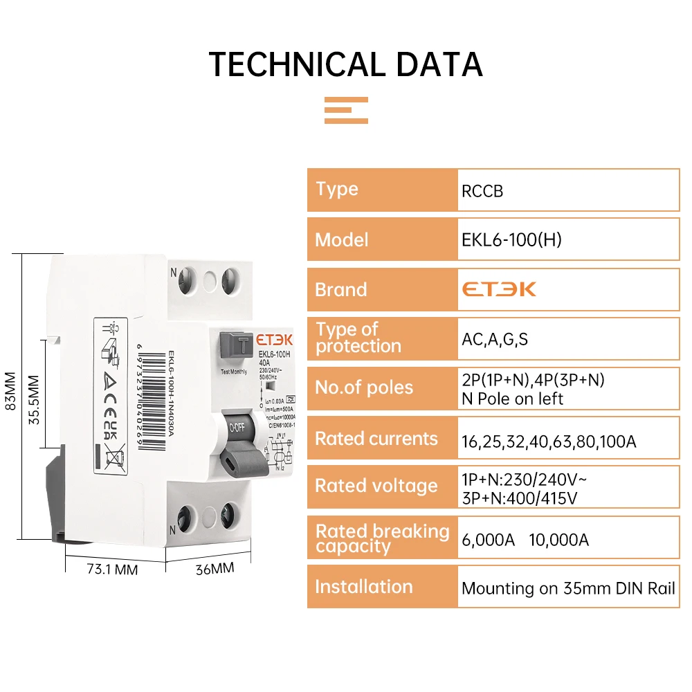 ETEK rccb EKL6-100 2-полюсный (1P + N) тип А выключатели остаточного тока 25 ампер 230 В низкое