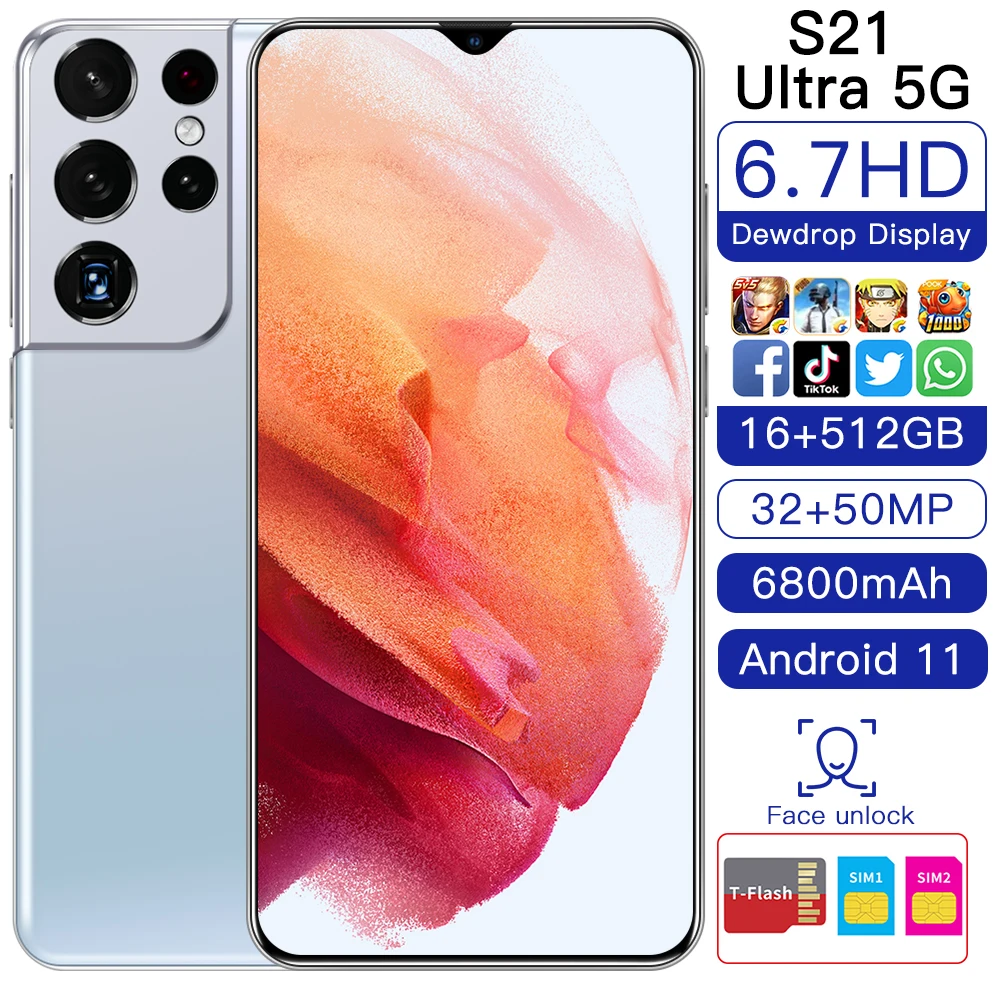 S21 Ultra Hot Unlock Wholesale 16G + 518G 6.7 inch Android Smartphone 4G 5g Sim Cards Smart Exprssvpn Cell Mobile Phone Phone