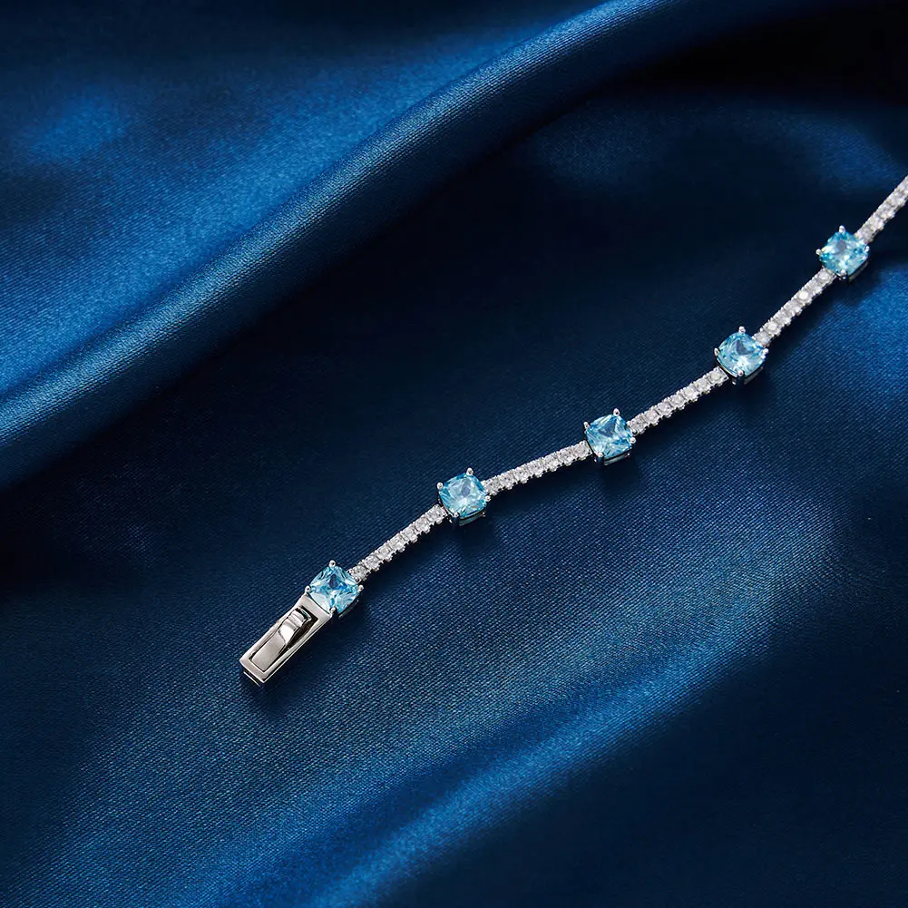 RINNTIN LZB05 Wholesale Natural Gemstone Aquamarine Stone Bracelet Custom Rhodium Over Sterling Silver Tennis Bracelet for Women