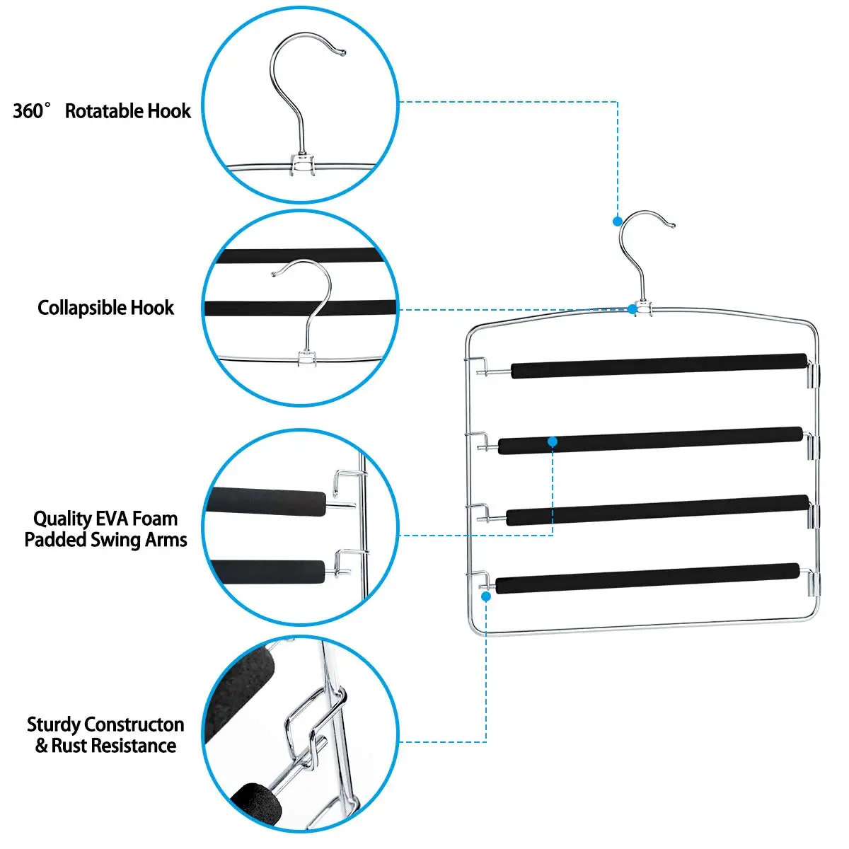 Hot Sale New Black Four Layer Soft Foam Silver Metal Clothes Hanger Five Layers Non-slip Foam Padded Space Saving