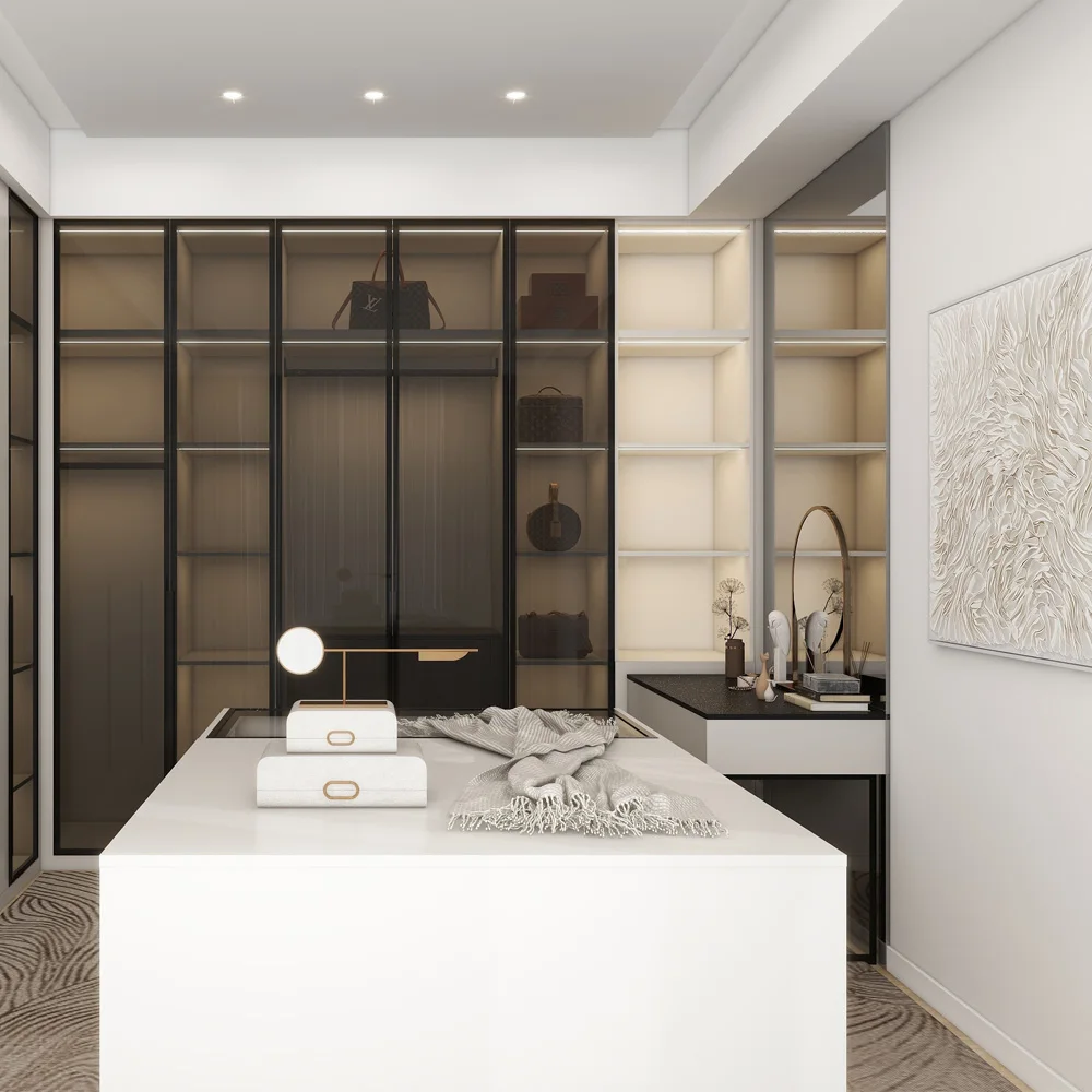 Modern Bedroom Storage Closet  Modern Design Glass Wardrobe Light Luxury Combination Swing Door Large Wardrobe with Island