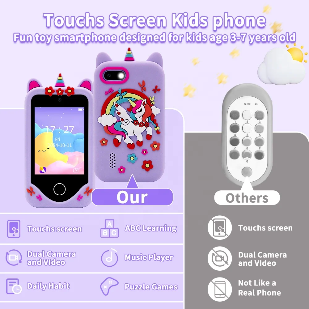 Electronic Kids Toy Mobile Smart Cell Phone Cartoon Unicorn With Dual Camera Music Game Toy Phone Kids Smart Phone