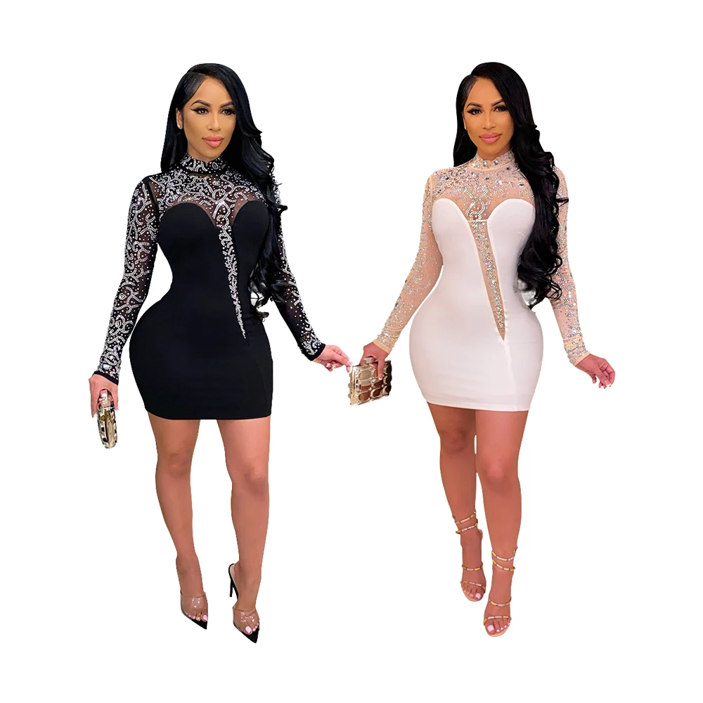 Foma Dresses 8898 New Arrivals 2021 summer women nightclub sexy bodycon perspective diamond long sleeves mini dress