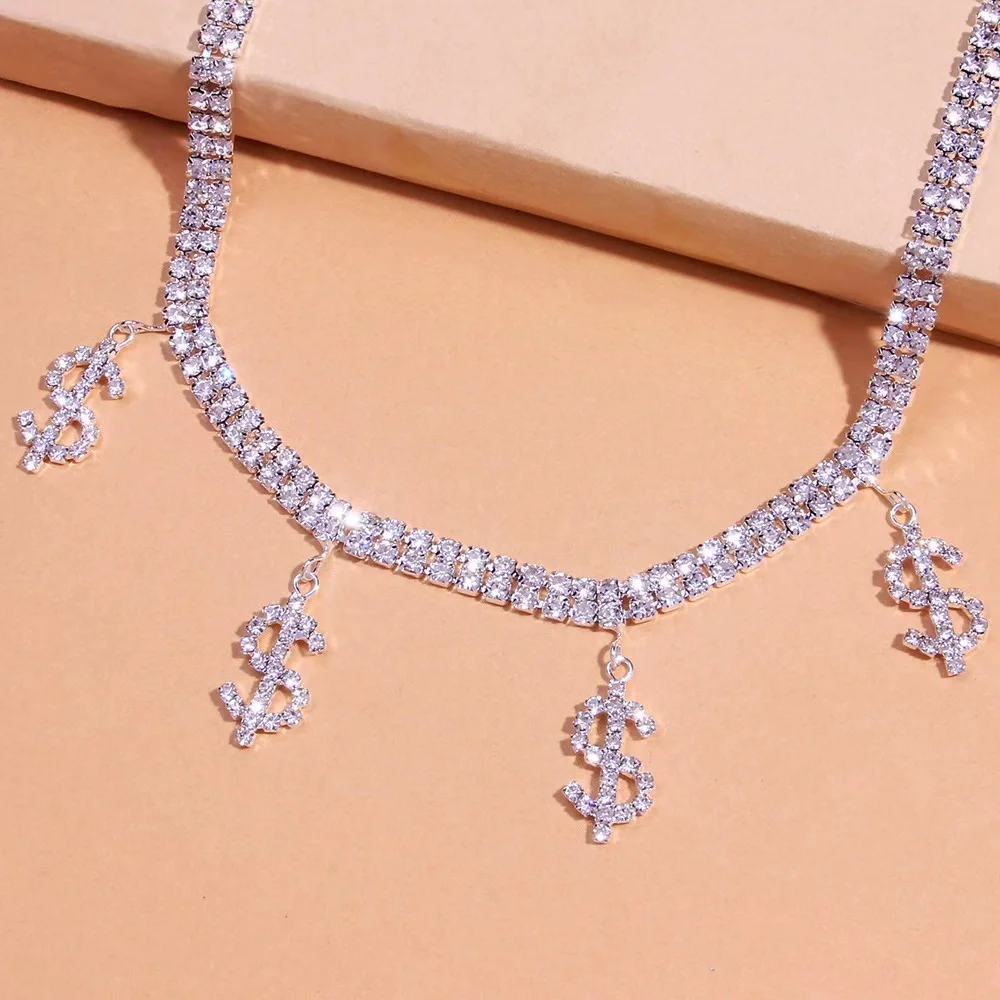 PJ-M074 Women Dainty Adjustable Non-fading  Crystal Rhinestone Dollar Sign Pendant Necklace for Women