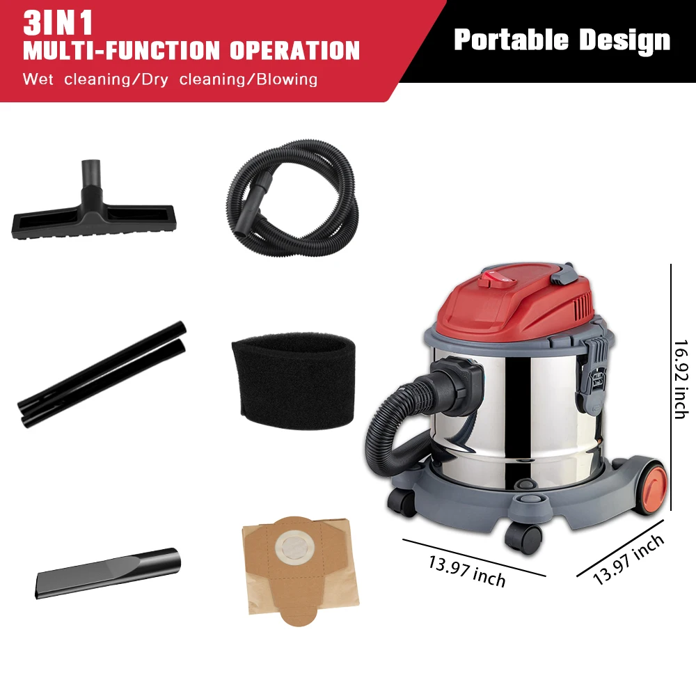 JIENUO 15L 1200W Stainless Steel Tank Portable Vacuum Cleaner for Car Wash, Carpet, Floor Care Aspiradora Vacuum Cleaners