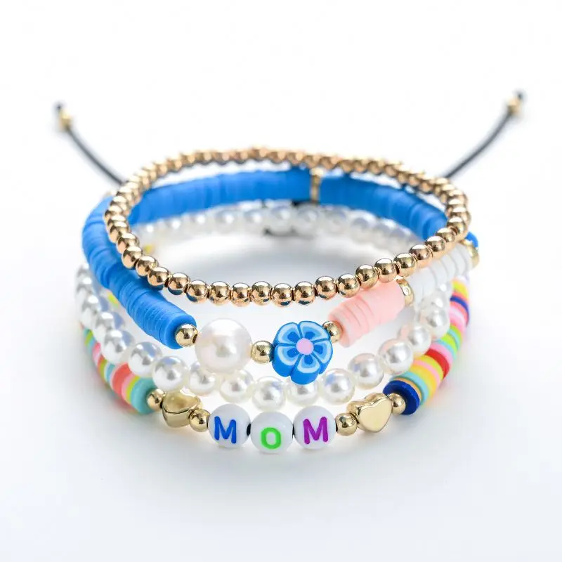 2022 new Pearl Flower Bracelet For Women  Boho Summer Bracelets Polymer Clay Heishi Disc Beads Pulseras Letter MOM Heart Jewelry