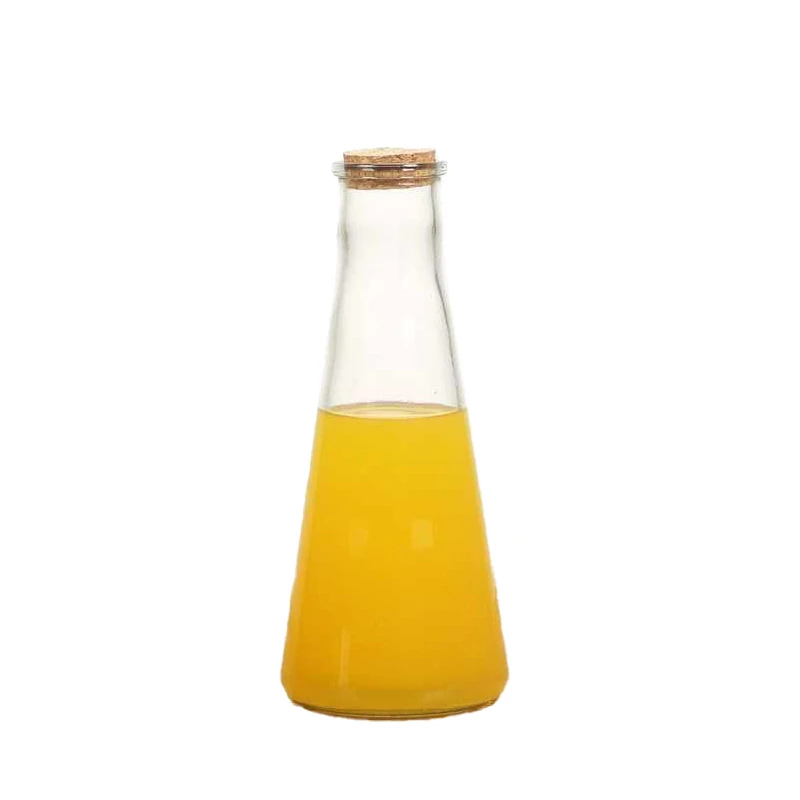 Factory Direct Sale Glass Juice Bottles 250ml 300ml 400ml Conical Square Round Transparent Glass Beverage Bottles With Cork